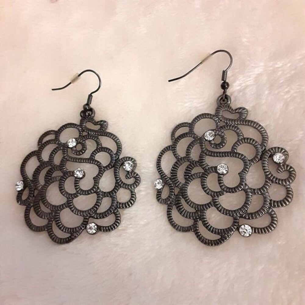 Gun metal tone filigree round 2" earrings rhinestones